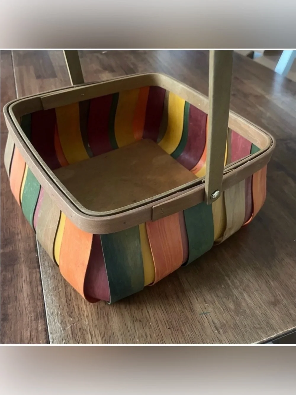 Vintage Multi-Color Wood Slat Squared Basket with Handle